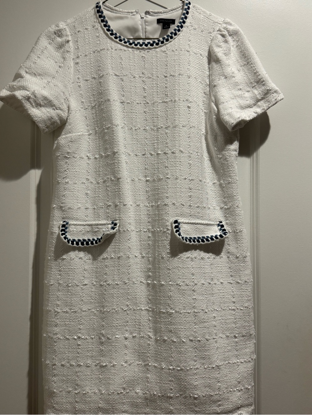 Ann Taylor White Tweed Shift Dress with Navy Trim